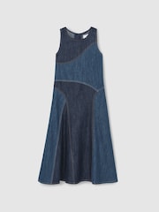 Reiss Blue Wilder 13-14 yrs Patchwork Chambray Midi Dress - Image 1 of 4