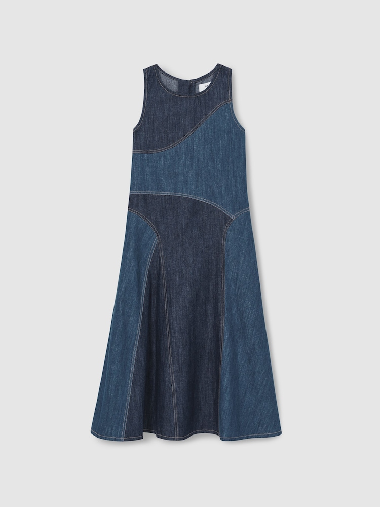 Reiss Blue Wilder 13-14 yrs Patchwork Chambray Midi Dress - Image 1 of 4