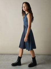 Reiss Blue Wilder 13-14 yrs Patchwork Chambray Midi Dress - Image 3 of 4