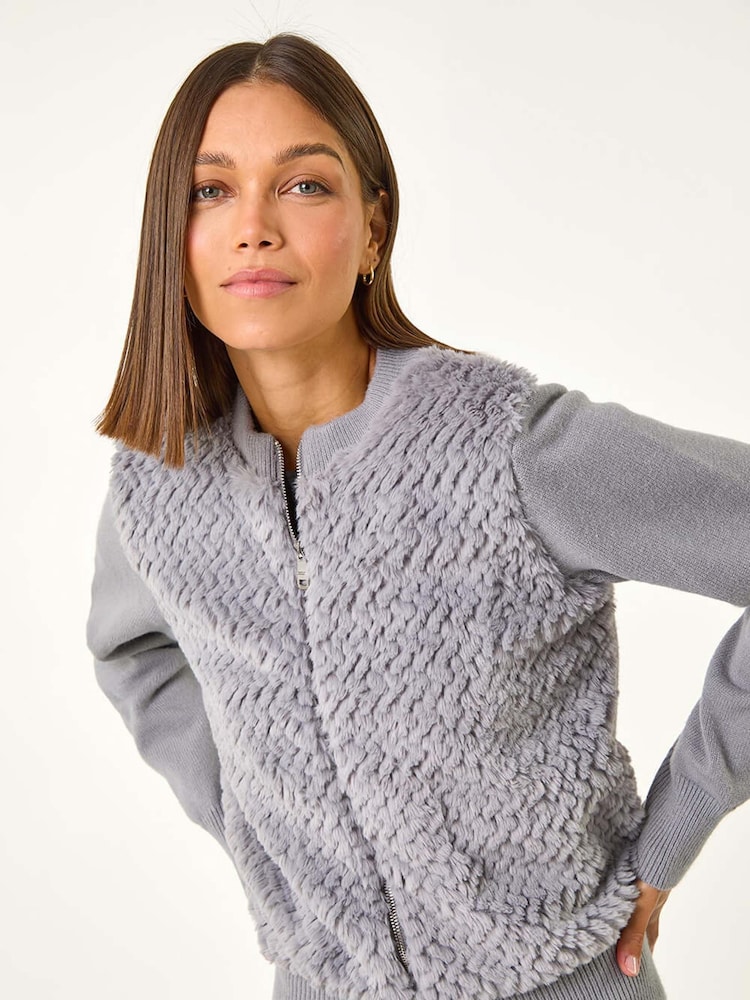Roman Grey Faux Fur Funnel Neck Zip Jacket - Image 1 of 5