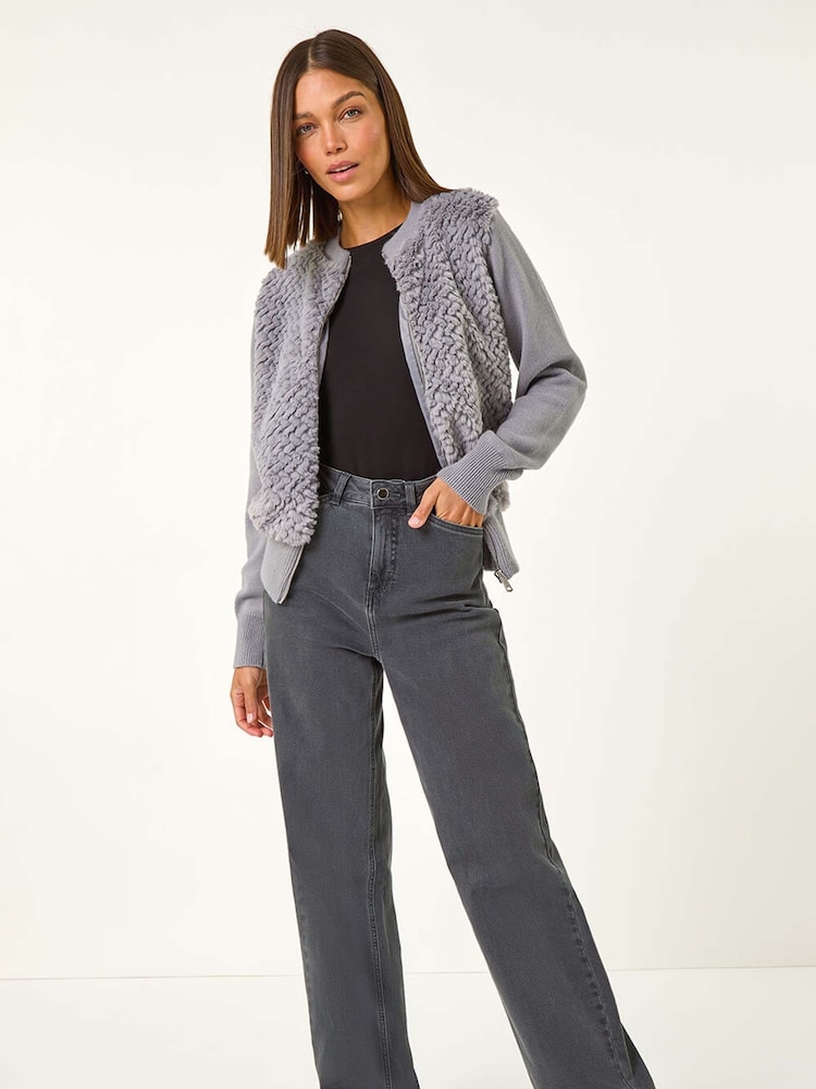 Roman Grey Faux Fur Funnel Neck Zip Jacket - Image 2 of 5