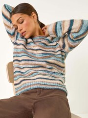 Roman Blue Fluffy Striped Stretch Knit Jumper - Image 1 of 5