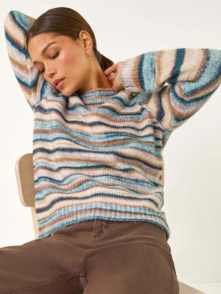 Roman Blue Fluffy Striped Stretch Knit Jumper - Image 1 of 5