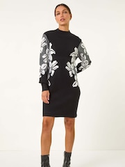 Roman Black Floral Print Jacquard Knitted Dress - Image 1 of 5