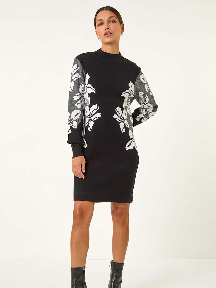 Roman Black Floral Print Jacquard Knitted Dress - Image 1 of 5
