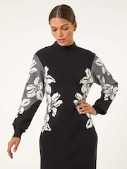 Roman Black Floral Print Jacquard Knitted Dress - Image 2 of 5