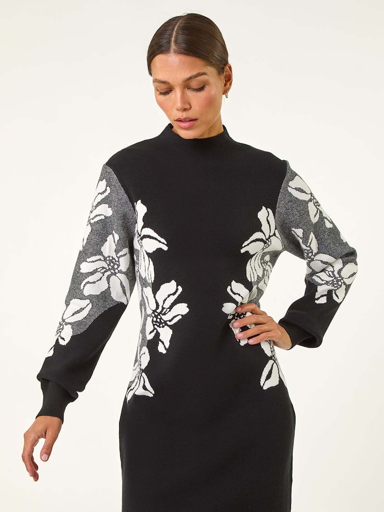 Roman Black Floral Print Jacquard Knitted Dress - Image 2 of 5