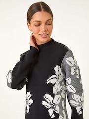 Roman Black Floral Print Jacquard Knitted Dress - Image 4 of 5