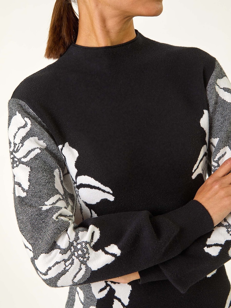 Roman Black Floral Print Jacquard Knitted Dress - Image 5 of 5