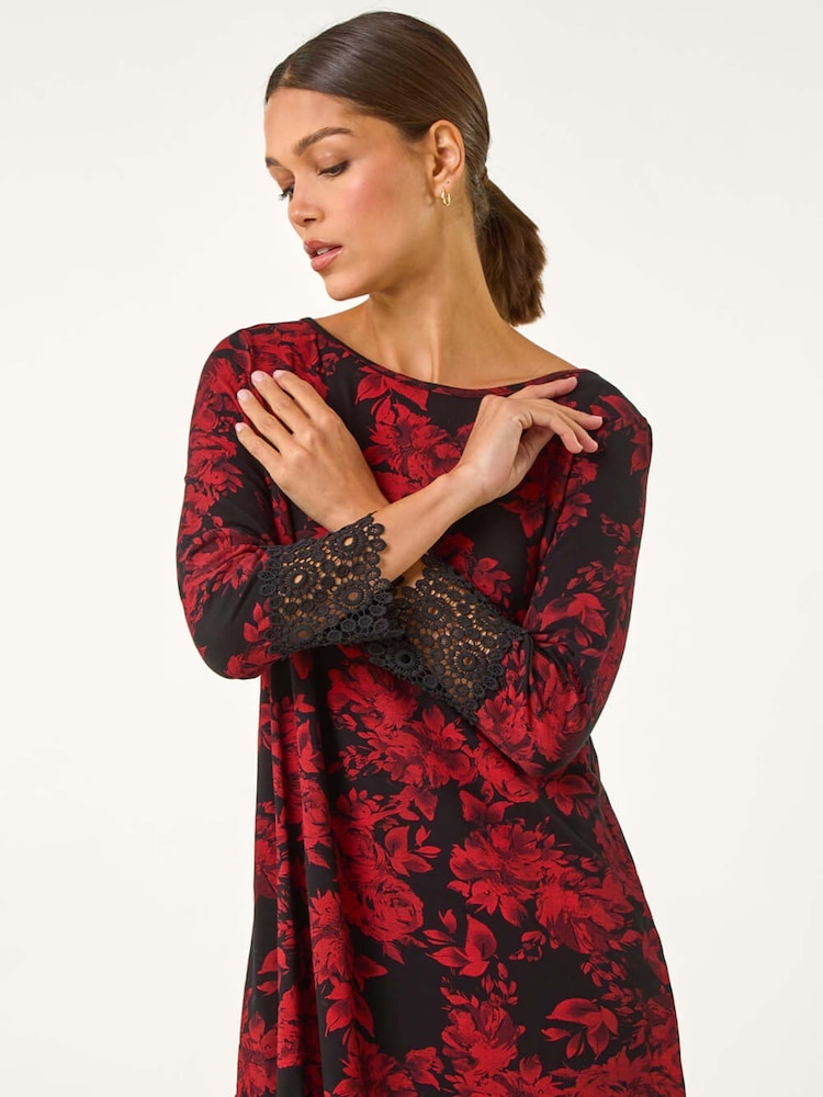 Roman Floral Print Lace Trim Stretch Top - Image 1 of 5 Roman Floral Print Lace Trim Stretch Top - Image 1 of 5