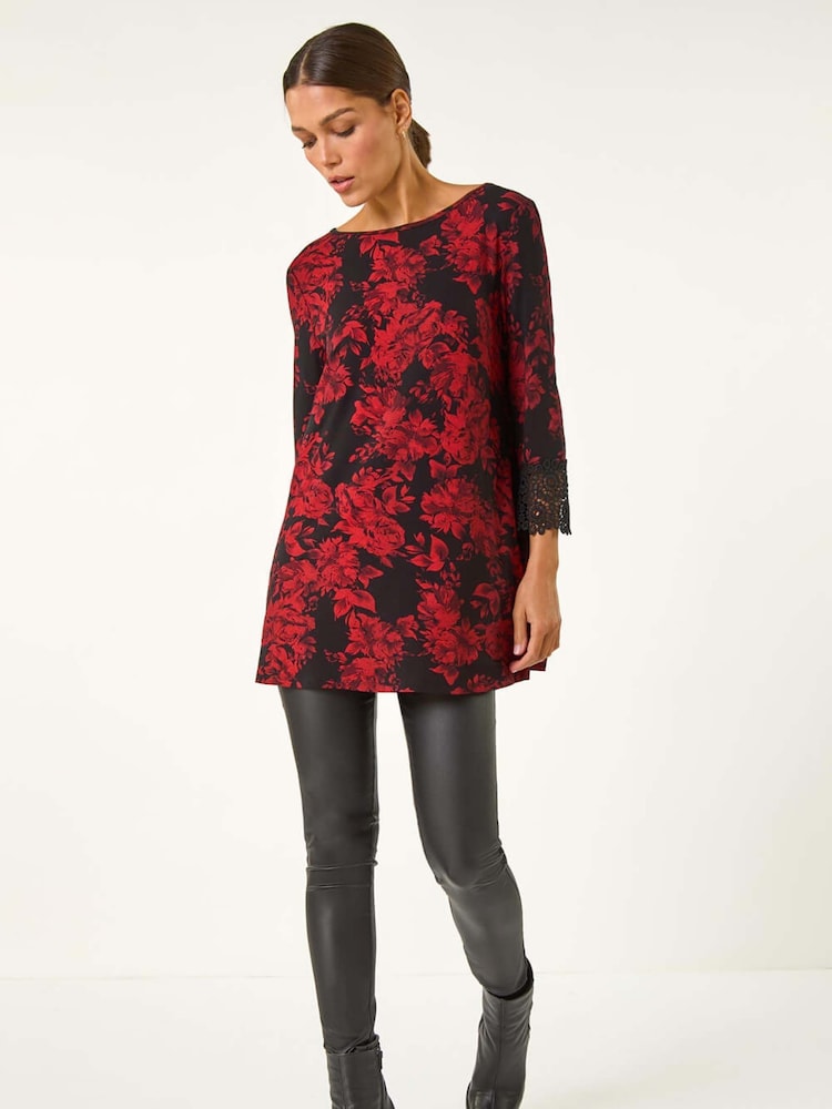 Roman Floral Print Lace Trim Stretch Top - Image 2 of 5 Roman Floral Print Lace Trim Stretch Top - Image 2 of 5