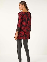 Roman Red Floral Print Lace Trim Stretch Top - Image 3 of 5
