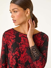Roman Red Floral Print Lace Trim Stretch Top - Image 4 of 5