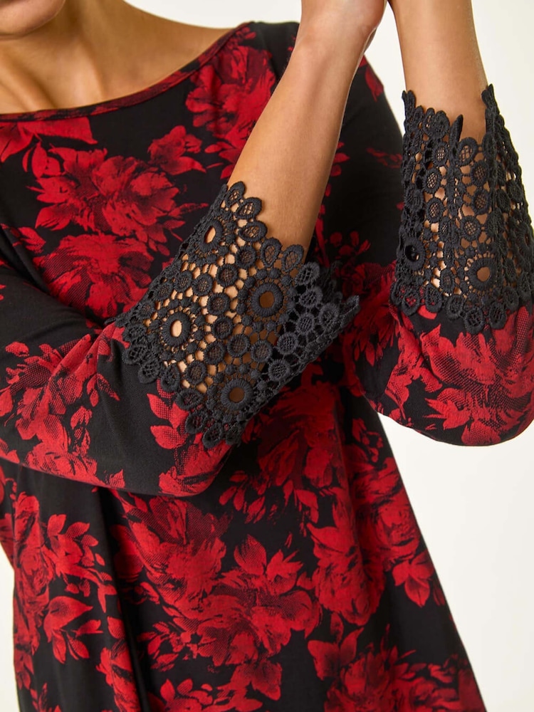 Roman Floral Print Lace Trim Stretch Top - Image 5 of 5 Roman Floral Print Lace Trim Stretch Top - Image 5 of 5