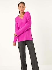 Roman Pink Plain V-Neck Fluffy Knit Jumper - Image 1 of 5