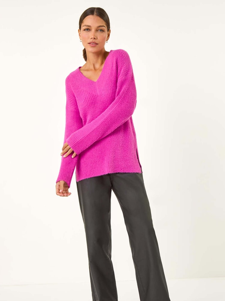 Roman Pink Plain V-Neck Fluffy Knit Jumper - Image 1 of 5