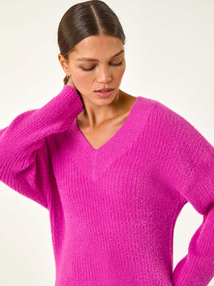 Roman Pink Plain V-Neck Fluffy Knit Jumper - Image 2 of 5