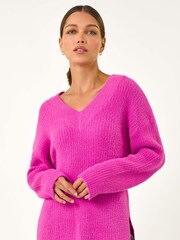 Roman Pink Plain V-Neck Fluffy Knit Jumper - Image 4 of 5