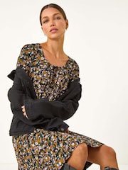 Roman Yellow Floral Print Bow Detail Stretch Dress - Image 1 of 5