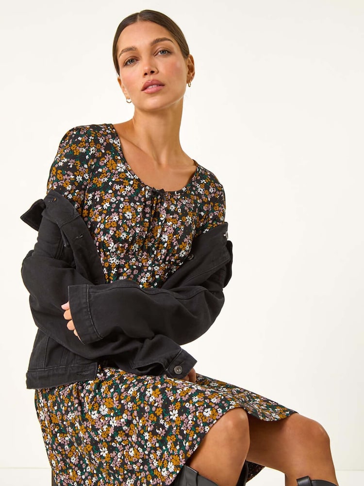 Roman Yellow Floral Print Bow Detail Stretch Dress - Image 1 of 5