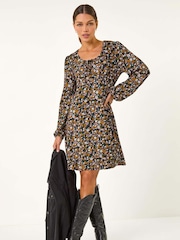 Roman Yellow Floral Print Bow Detail Stretch Dress - Image 2 of 5