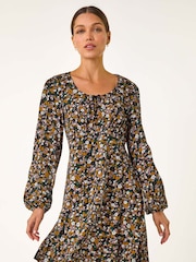 Roman Yellow Floral Print Bow Detail Stretch Dress - Image 4 of 5