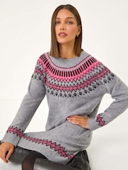 Roman Pink Soft Knit Fairisle Pattern Jumper Dress - Image 1 of 5