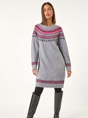 Roman Pink Soft Knit Fairisle Pattern Jumper Dress - Image 2 of 5