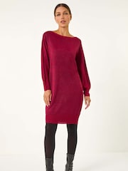 Roman Red Shimmer Slash Neck Jumper Dress - Image 1 of 5