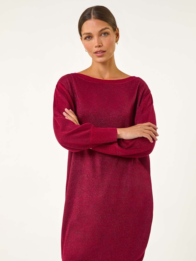 Roman Red Shimmer Slash Neck Jumper Dress - Image 2 of 5