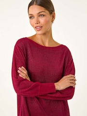 Roman Red Shimmer Slash Neck Jumper Dress - Image 4 of 5