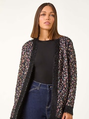 Roman Black Mosaic Print Fluffy Longline Cardigan - Image 4 of 6
