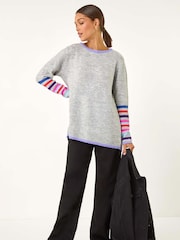 Roman Grey Contrast Stripe Detail Knit Jumper - Image 1 of 5