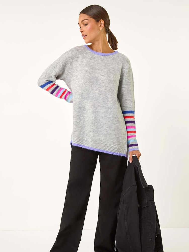 Roman Grey Contrast Stripe Detail Knit Jumper - Image 1 of 5