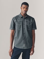 Charcoal Grey Twin Pocket Contrast Stitch Short Sleeve 100% Cotton Shirt - Image 1 of 9