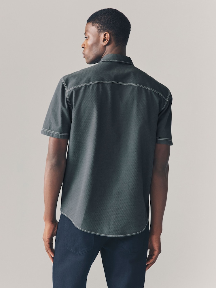 Charcoal Grey Twin Pocket Contrast Stitch Short Sleeve 100% Cotton Shirt - Image 3 of 9
