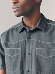 Charcoal Grey Twin Pocket Contrast Stitch Short Sleeve 100% Cotton Shirt - Image 5 of 9
