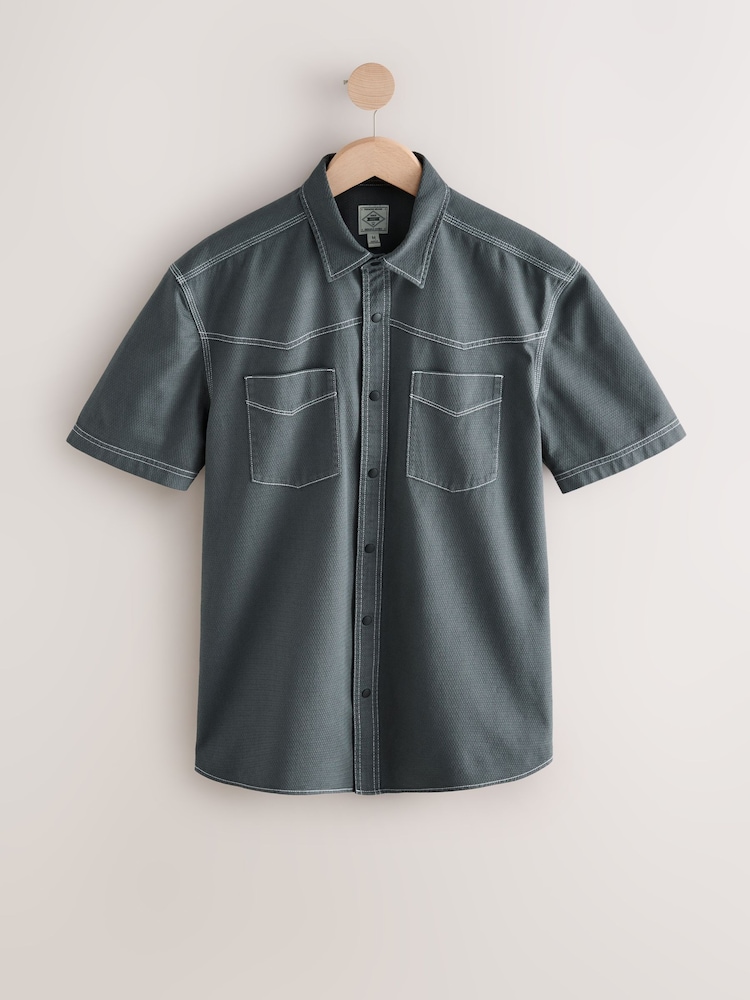 Charcoal Grey Twin Pocket Contrast Stitch Short Sleeve 100% Cotton Shirt - Image 7 of 9
