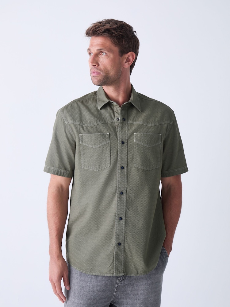 Sage Green Twin Pocket Contrast Stitch Short Sleeve 100% Cotton Shirt - Image 1 of 5
