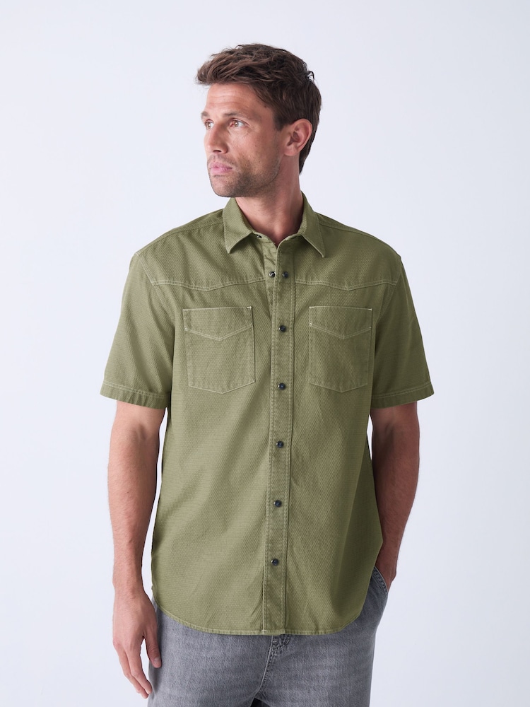 Sage Green Twin Pocket Contrast Stitch Short Sleeve 100% Cotton Shirt - Image 1 of 9 Sage Green Twin Pocket Contrast Stitch Short Sleeve 100% Cotton Shirt - Image 1 of 9