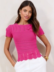 Lipsy Pink Petite 100% Cotton Crochet Stitchy Flower Scallop Knit Top - Image 1 of 4