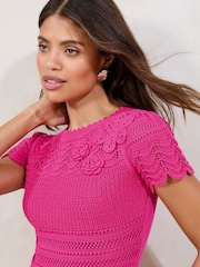 Lipsy Pink Petite 100% Cotton Crochet Stitchy Flower Scallop Knit Top - Image 2 of 4