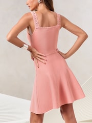 Lipsy Pink Petite Knitted Diamante Trim Square Neck Stitch Detail Skater Mini Dress - Image 4 of 4