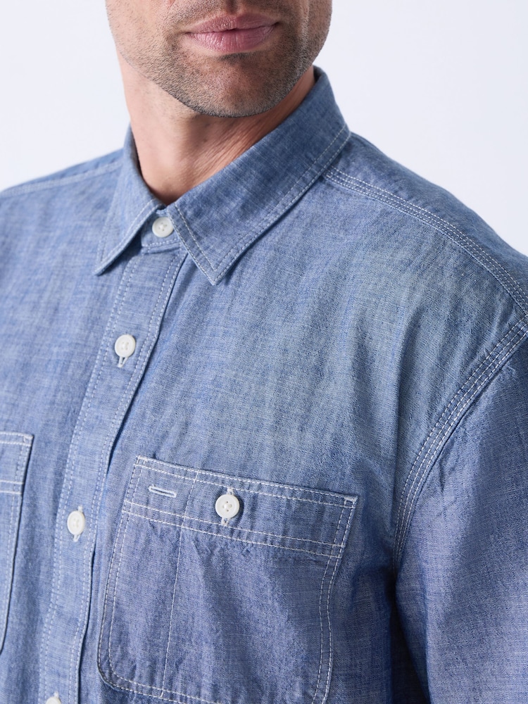 Blue Chambray Denim Short Sleeve 100% Cotton Shirt - Image 4 of 4