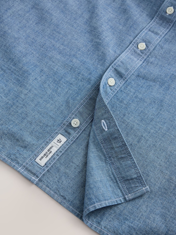Blue Chambray Denim Short Sleeve 100% Cotton Shirt - Image 7 of 7