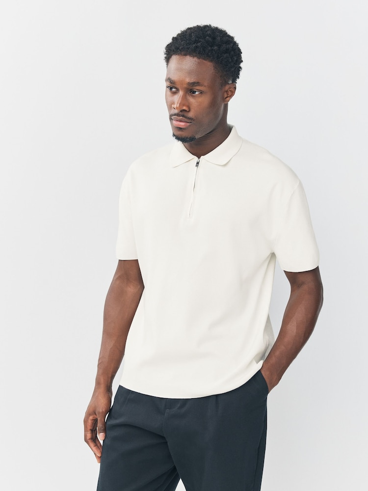 Ecru White Quarter Zip Relaxed Fit Premium Short Sleeve Knit Polo Shirt - Image 1 of 7 Ecru White Quarter Zip Relaxed Fit Premium Short Sleeve Knit Polo Shirt - Image 1 of 7