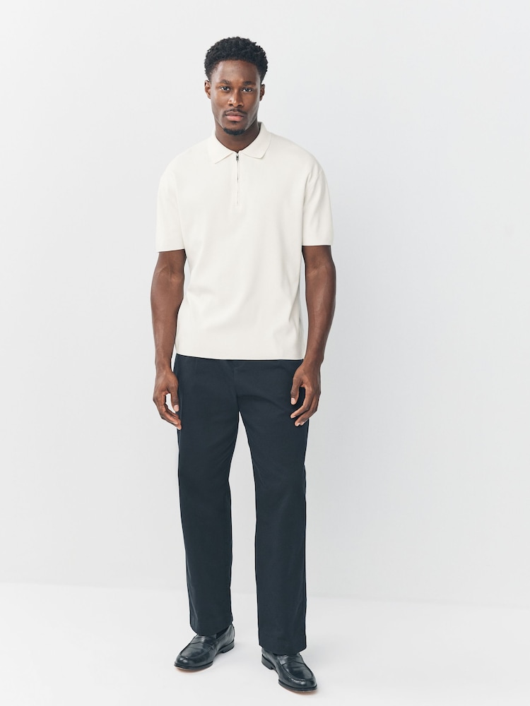 Ecru White Quarter Zip Relaxed Fit Premium Short Sleeve Knit Polo Shirt - Image 2 of 7 Ecru White Quarter Zip Relaxed Fit Premium Short Sleeve Knit Polo Shirt - Image 2 of 7