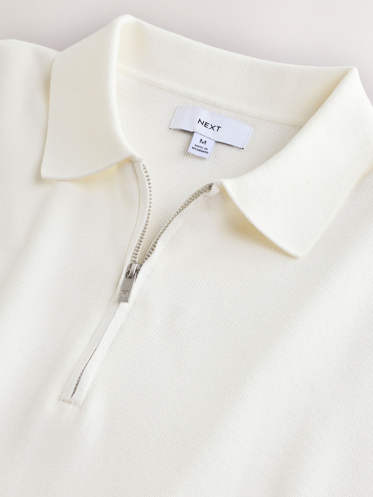 Ecru White Quarter Zip Relaxed Fit Premium Short Sleeve Knit Polo Shirt - Image 3 of 3