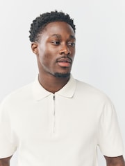 Ecru White Quarter Zip Relaxed Fit Premium Short Sleeve Knit Polo Shirt - Image 4 of 7