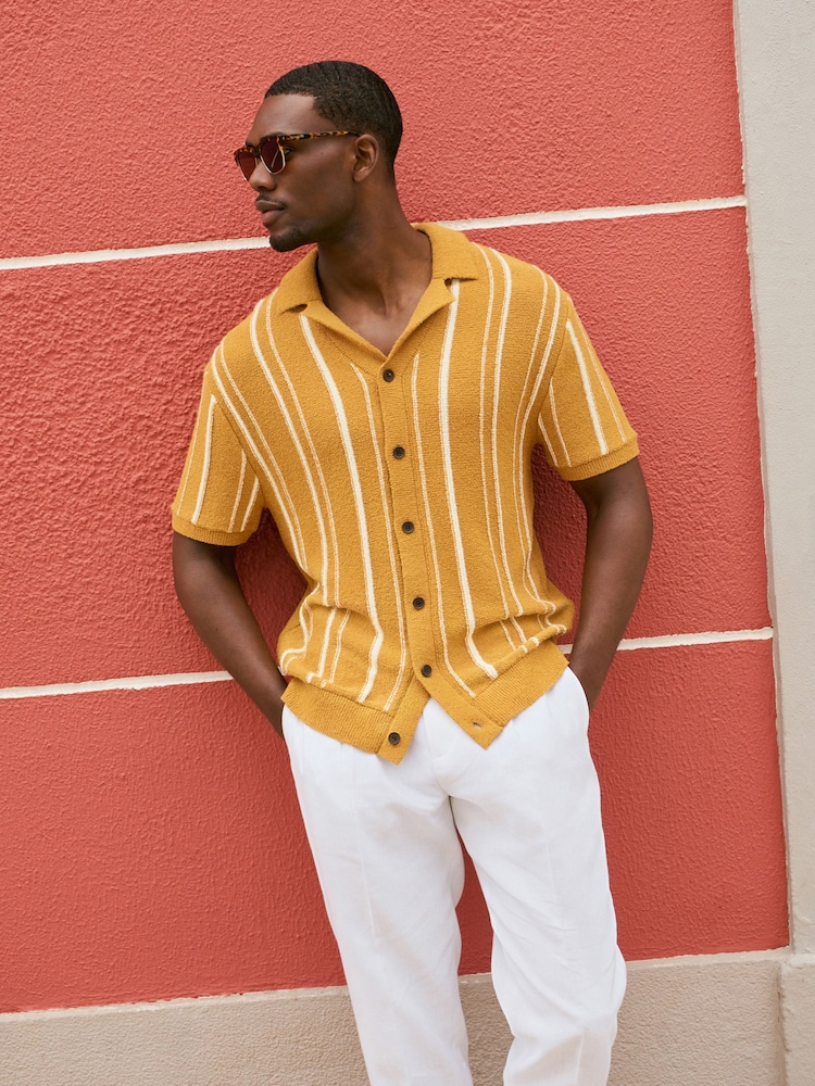 Yellow Relaxed Fit Cotton Rich Short Sleeve Stripe Knit Cuban Collar Shirt - Image 1 of 7